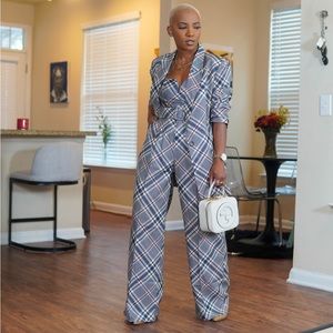 Plaid Wide-Leg Blazer Pantsuit - Gray Plaid